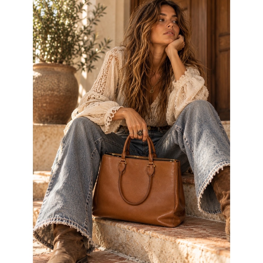 Lauren Ralph Lauren Cognac Saffiano Leather Triple Compartment Tote Bag RLL